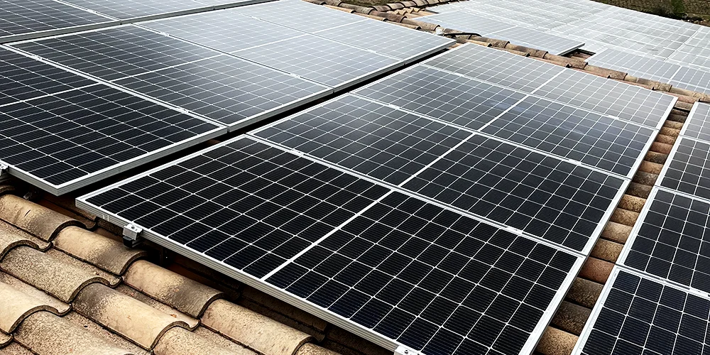 Gros plan sur les panneaux solaires Sharp 370Wc à Saint-Chinian, mettant en évidence la qualité et l'efficacité des modules PV